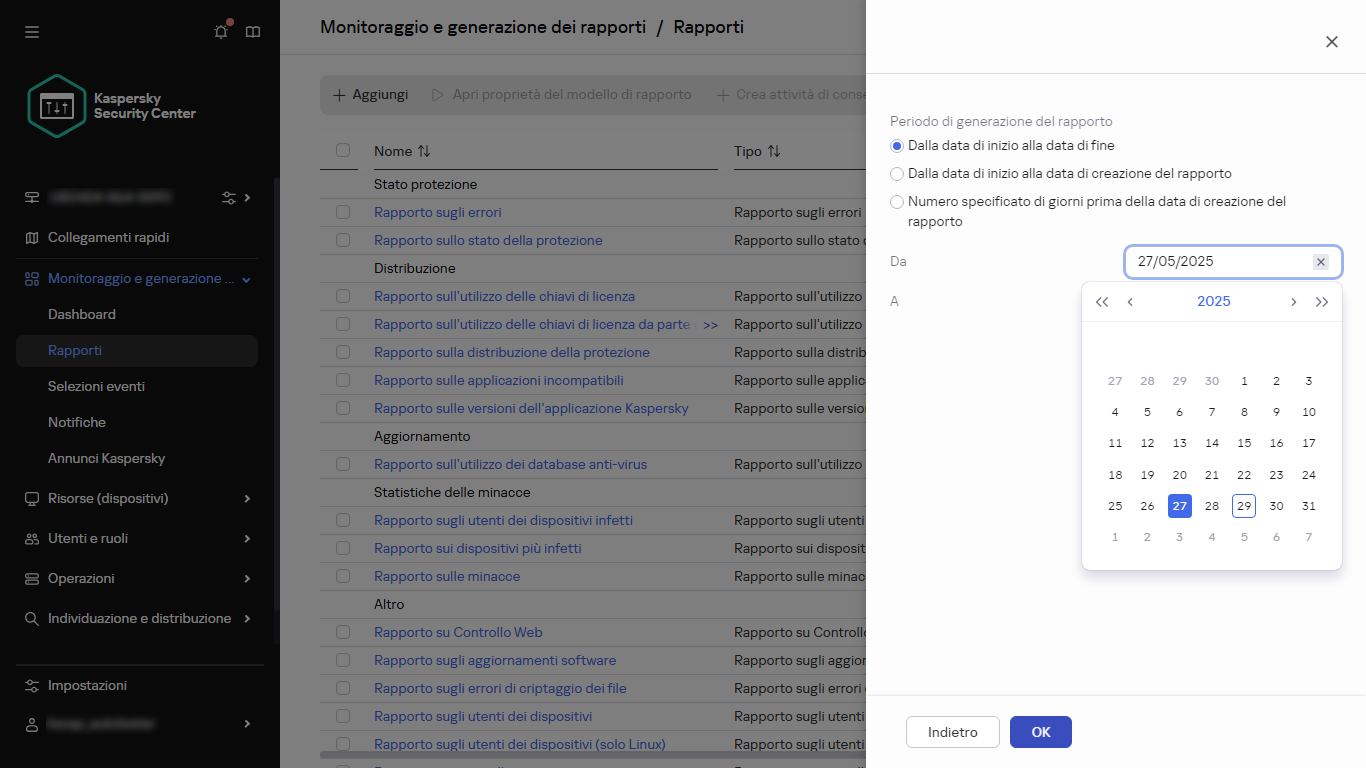 Specificare il periodo di rendicontazione di un nuovo rapporto.