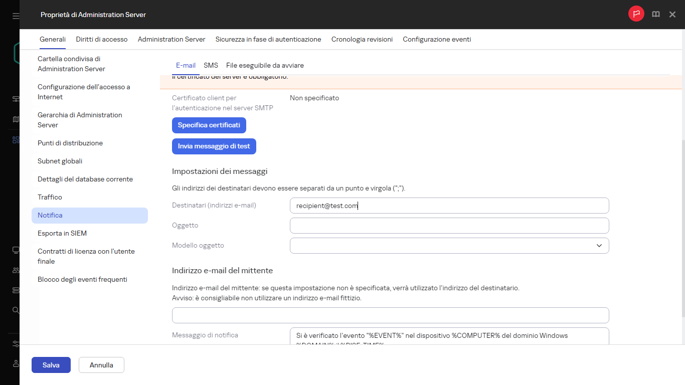 Notifica nella scheda Generale delle proprietà di Administration Server.
