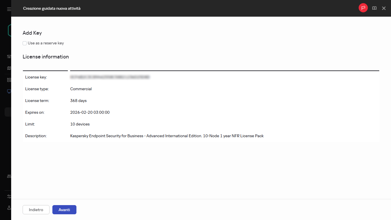 Finestra delle informazioni sulla licenza nell'attività Aggiungi chiave.