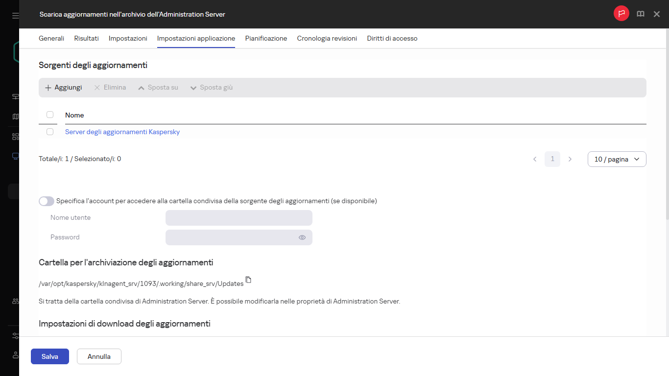Scheda Impostazioni applicazione della finestra attività Scarica aggiornamenti nei repository dei punti di distribuzione.