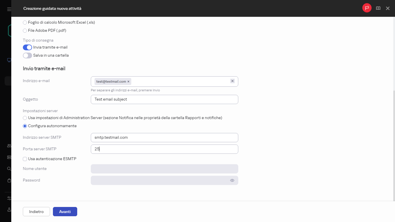 Creazione di un'attività di invio del rapporto e specifica del tipo di invio.