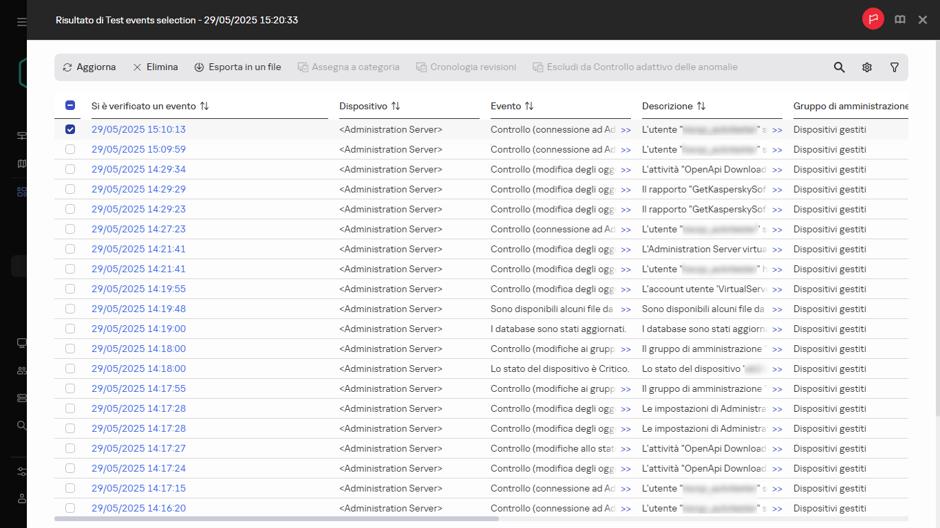 Il risultato della selezione dell'evento con l'evento selezionato.