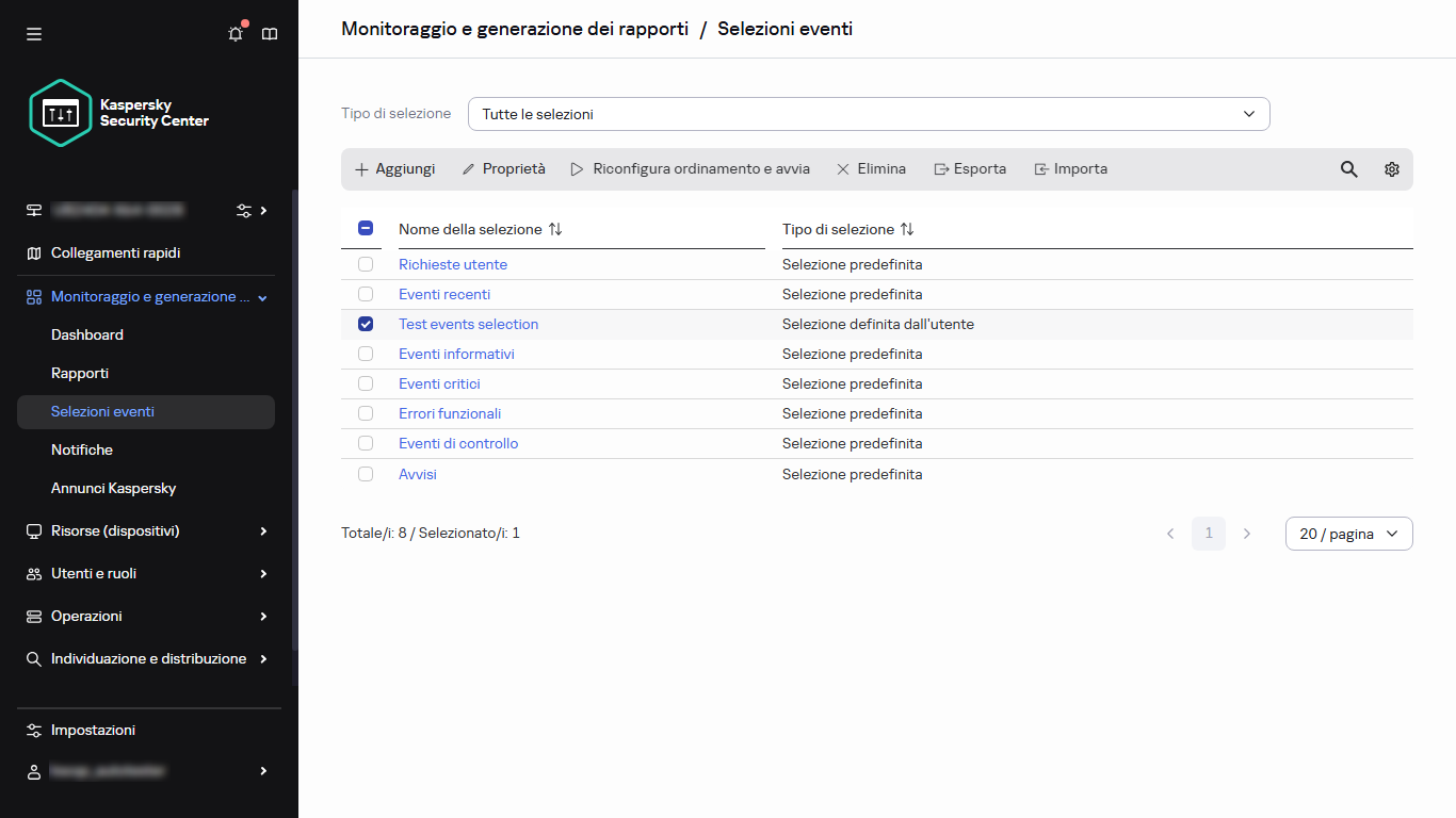L'elenco di selezione eventi con l'elemento selezionato.