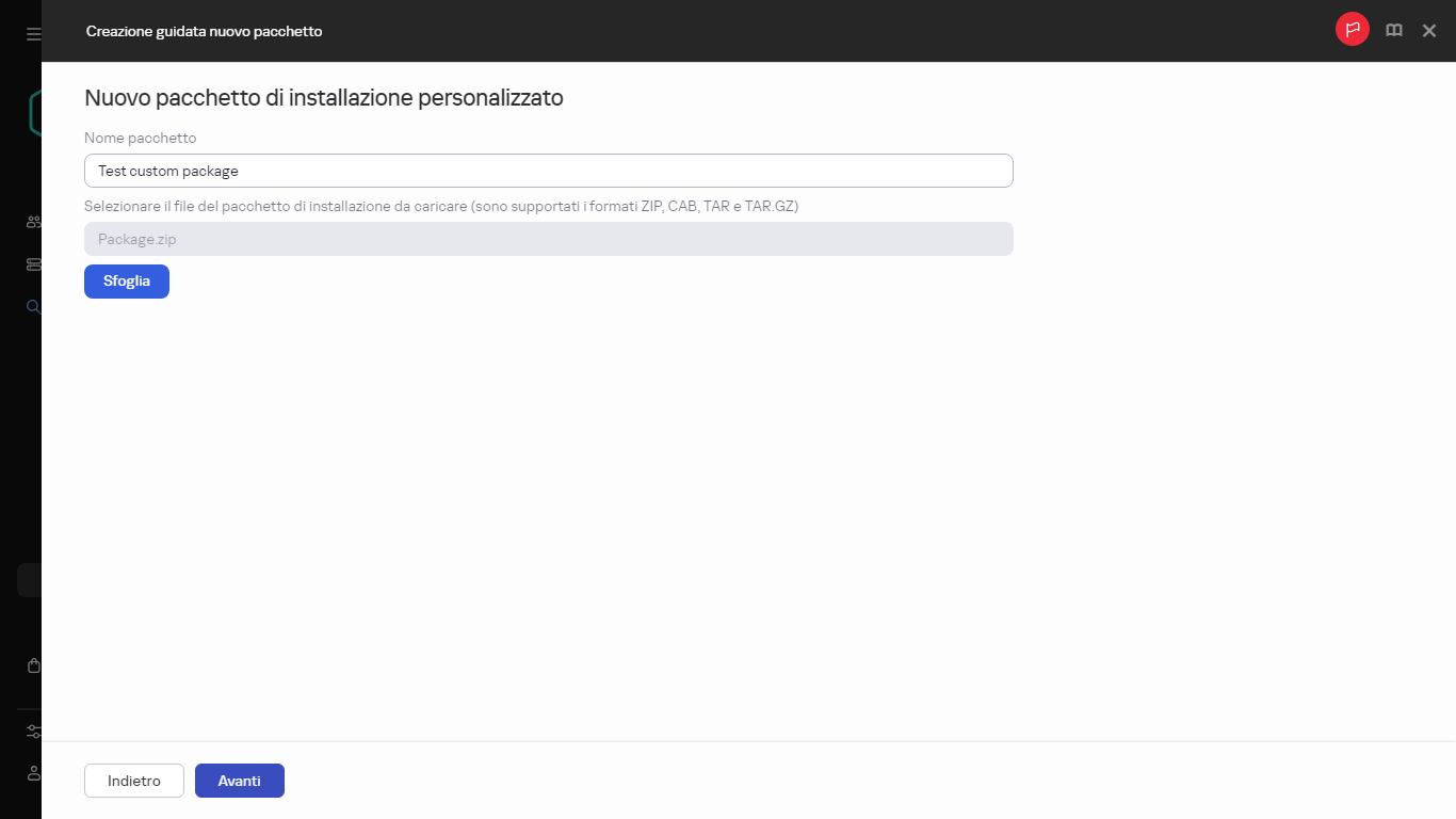 Impostazioni di un nuovo pacchetto di installazione personalizzato.