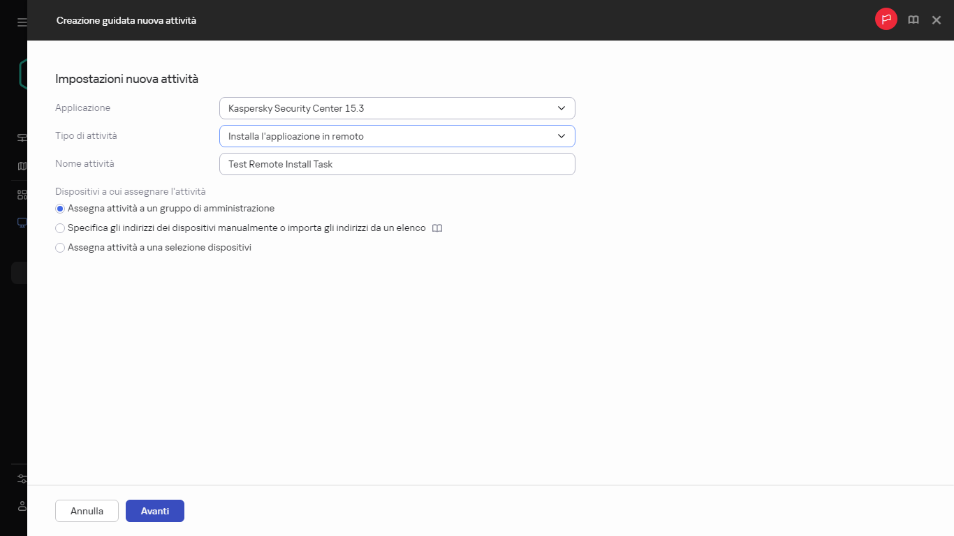 Impostazioni dell'attività Installa applicazione in remoto.