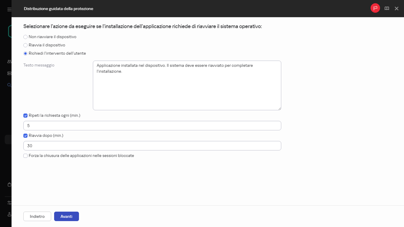 Selezione dell'azione da eseguire se il sistema operativo verrà riavviato.