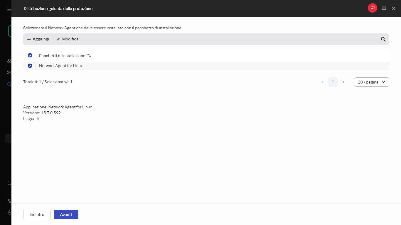 Selezione del Network Agent che verrà installato con il pacchetto di installazione.