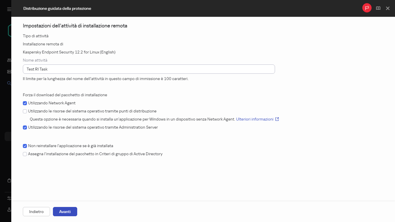 Impostazioni dell'attività di installazione remota.