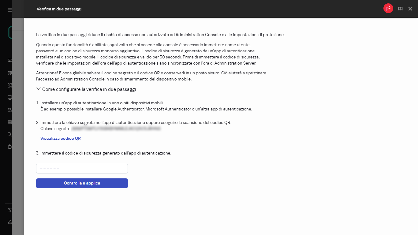 Finestra di verifica in due passaggi.