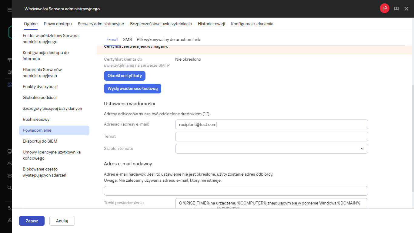 Powiadomienie na karcie Ogólne właściwości Serwera administracyjnego.
