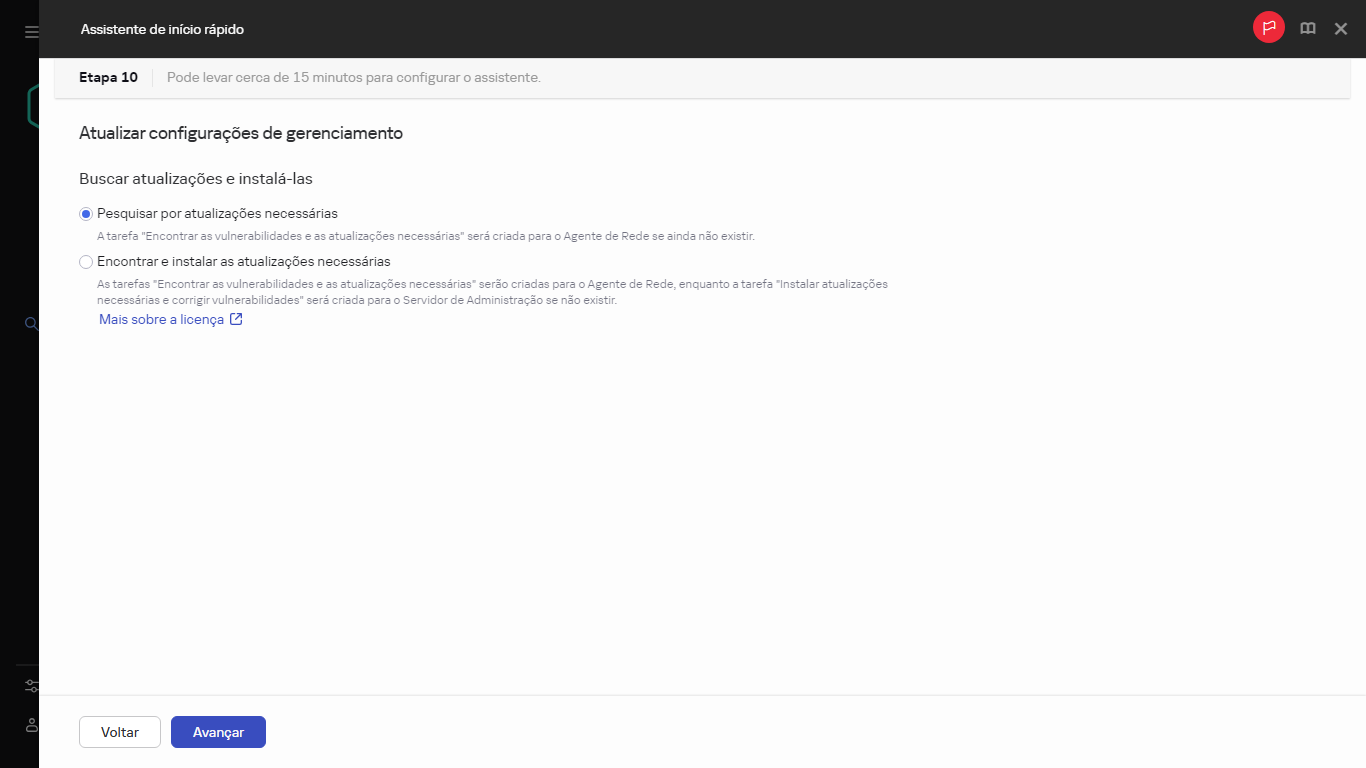 A etapa Gerenciamento de atualizações do Assistente de início rápido.