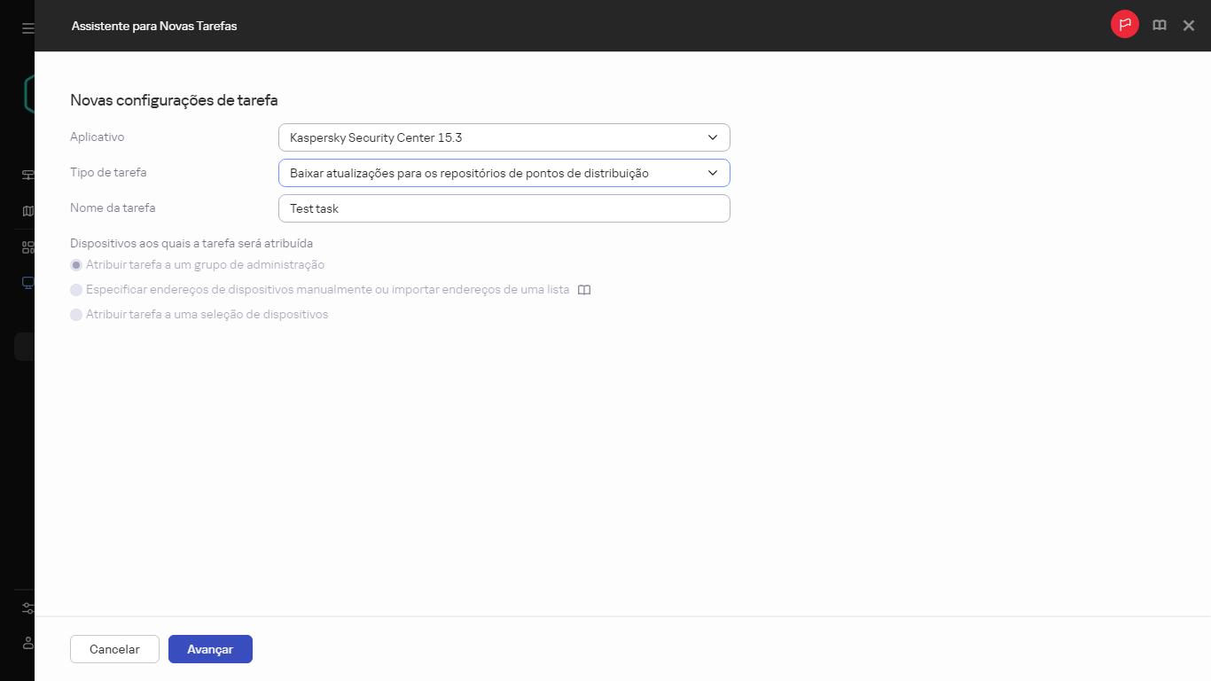 Configurações da tarefa Baixar atualizações para os repositórios dos pontos de distribuição.