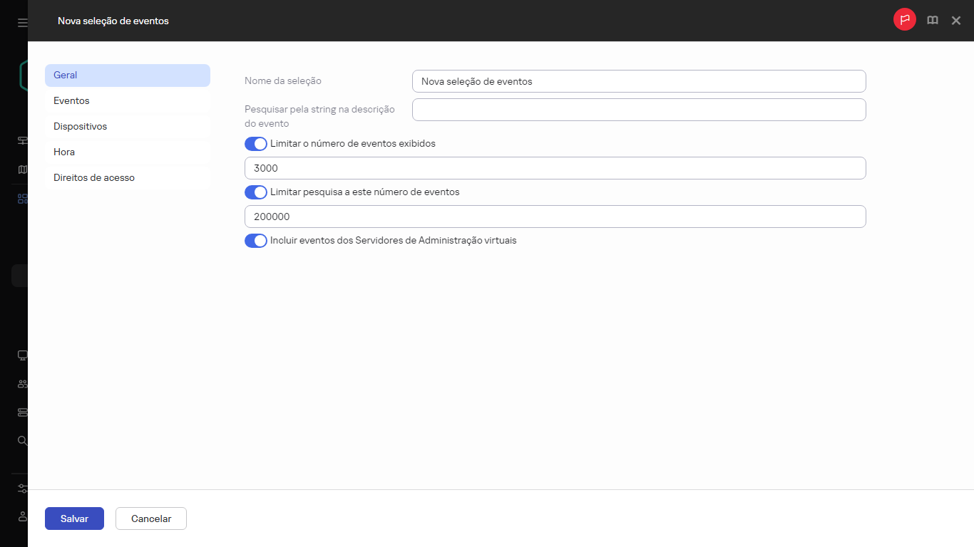 Configurações de uma nova seleção de eventos.