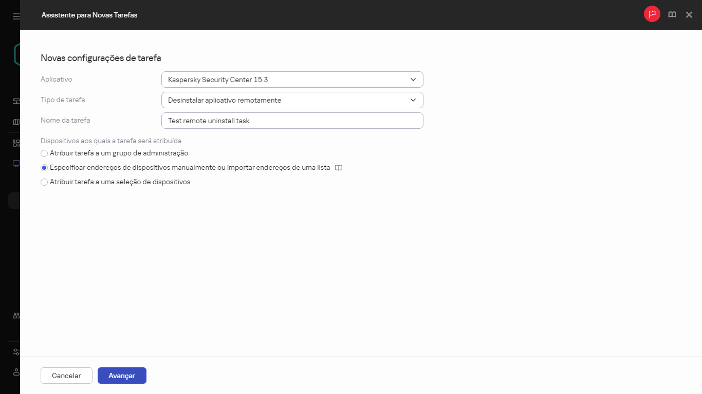 Configurações da tarefa Desinstalar aplicativo remotamente.