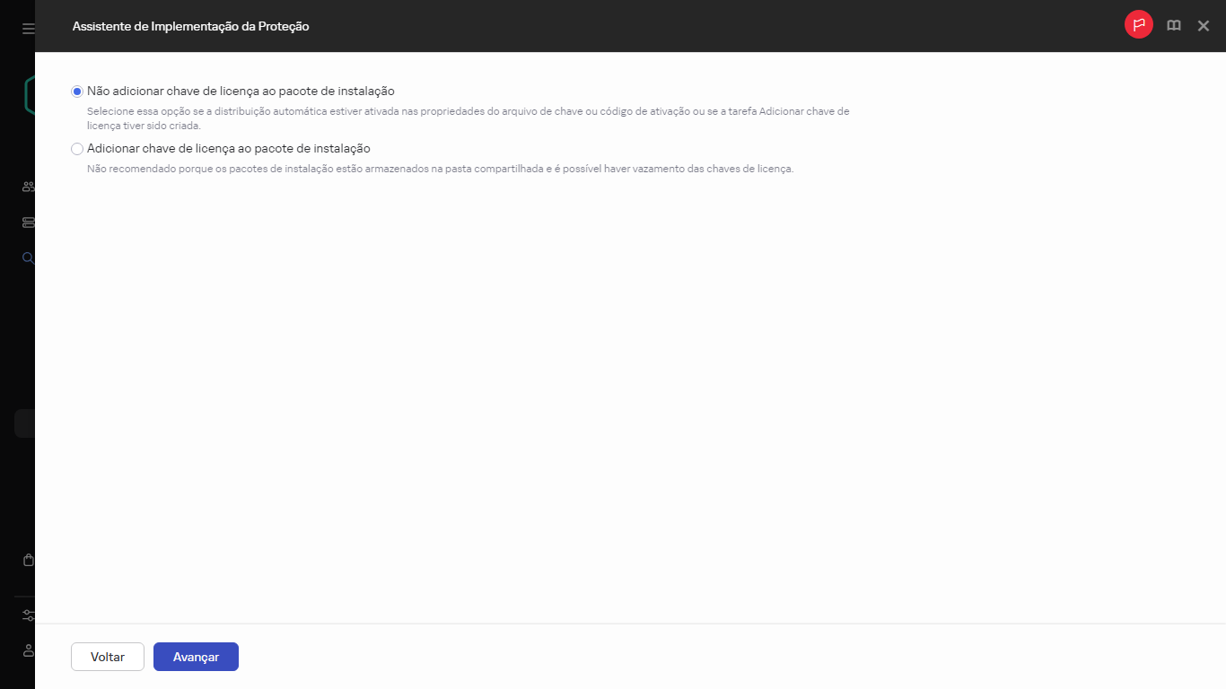 Especificar se a chave de licença deve ser adicionada ao pacote de instalação.
