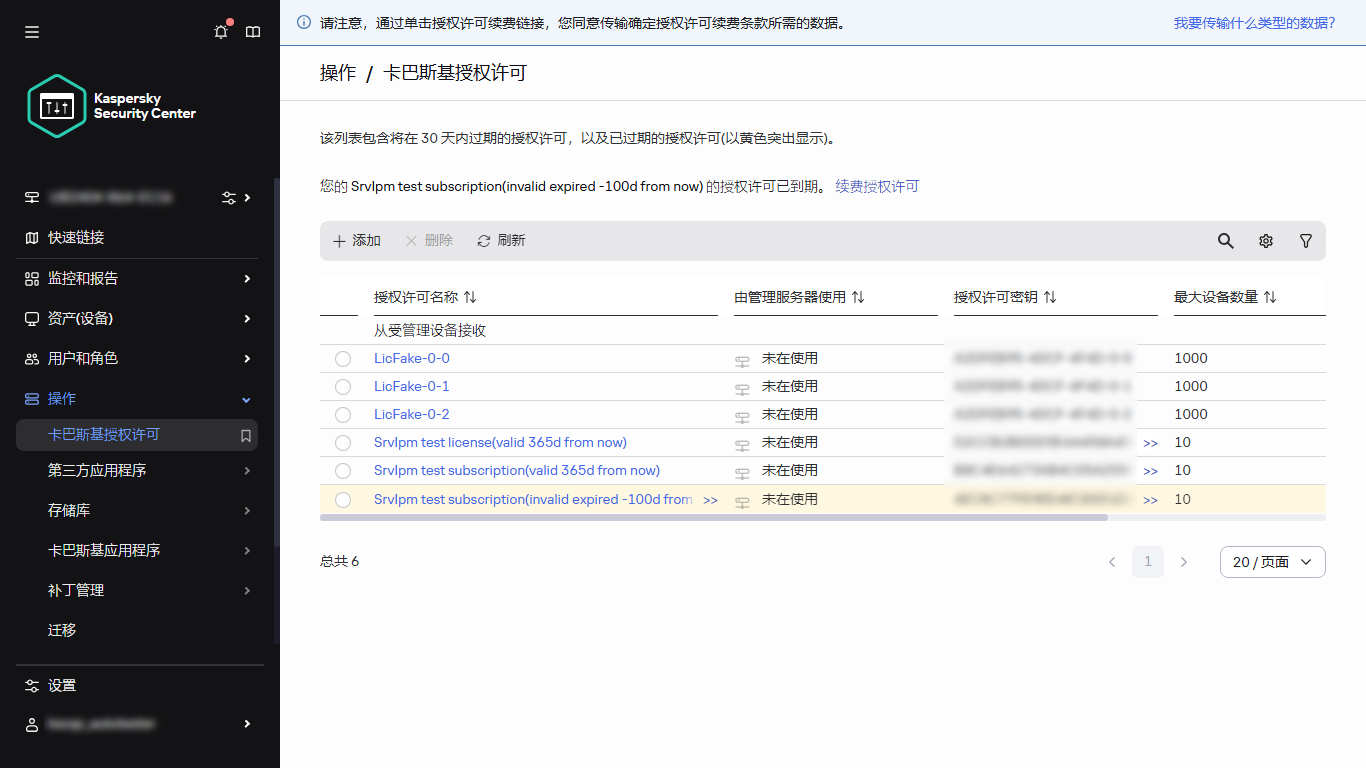 卡巴斯基授权许可列表。