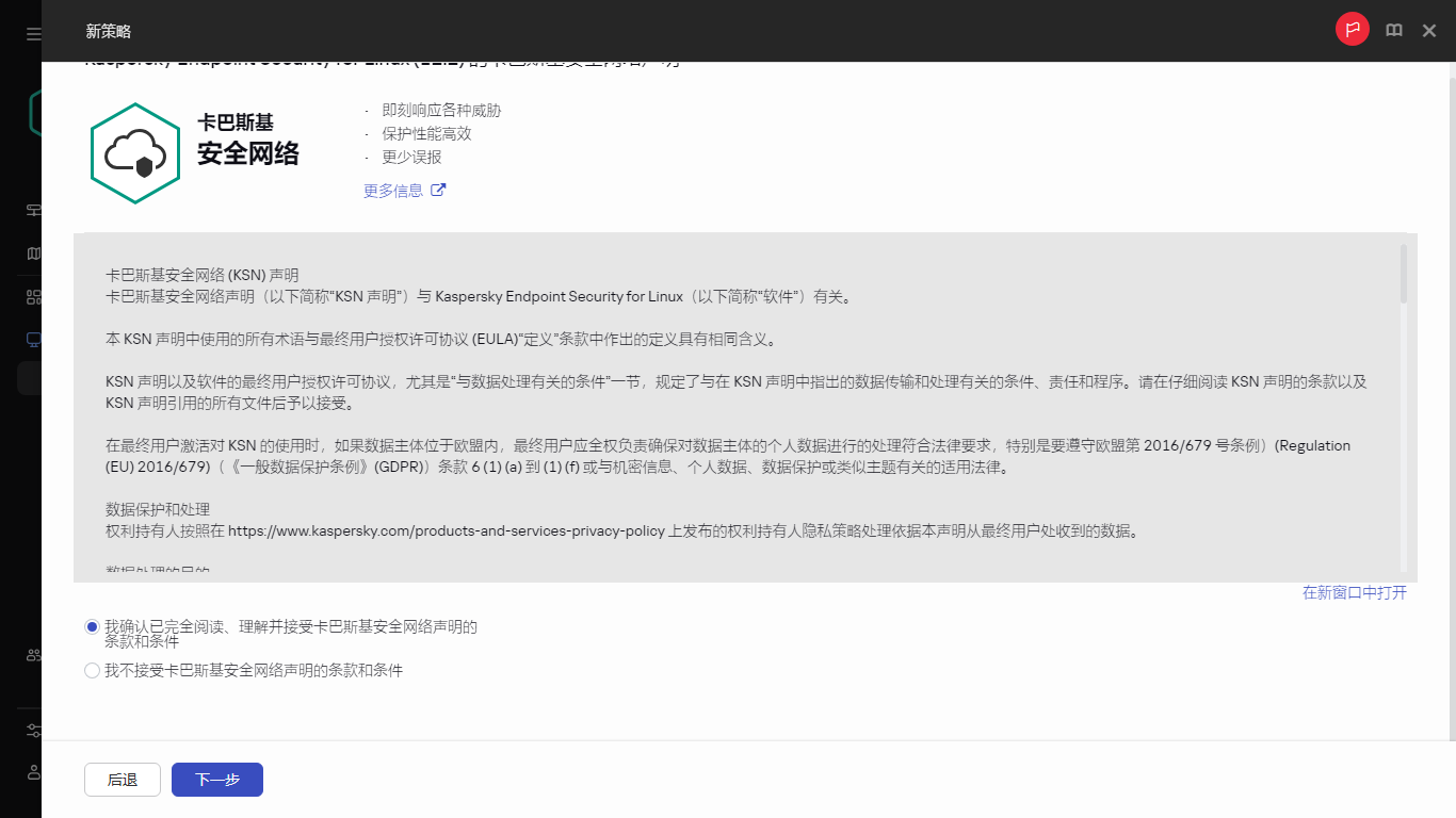 创建新策略。KSN 声明接受窗口。