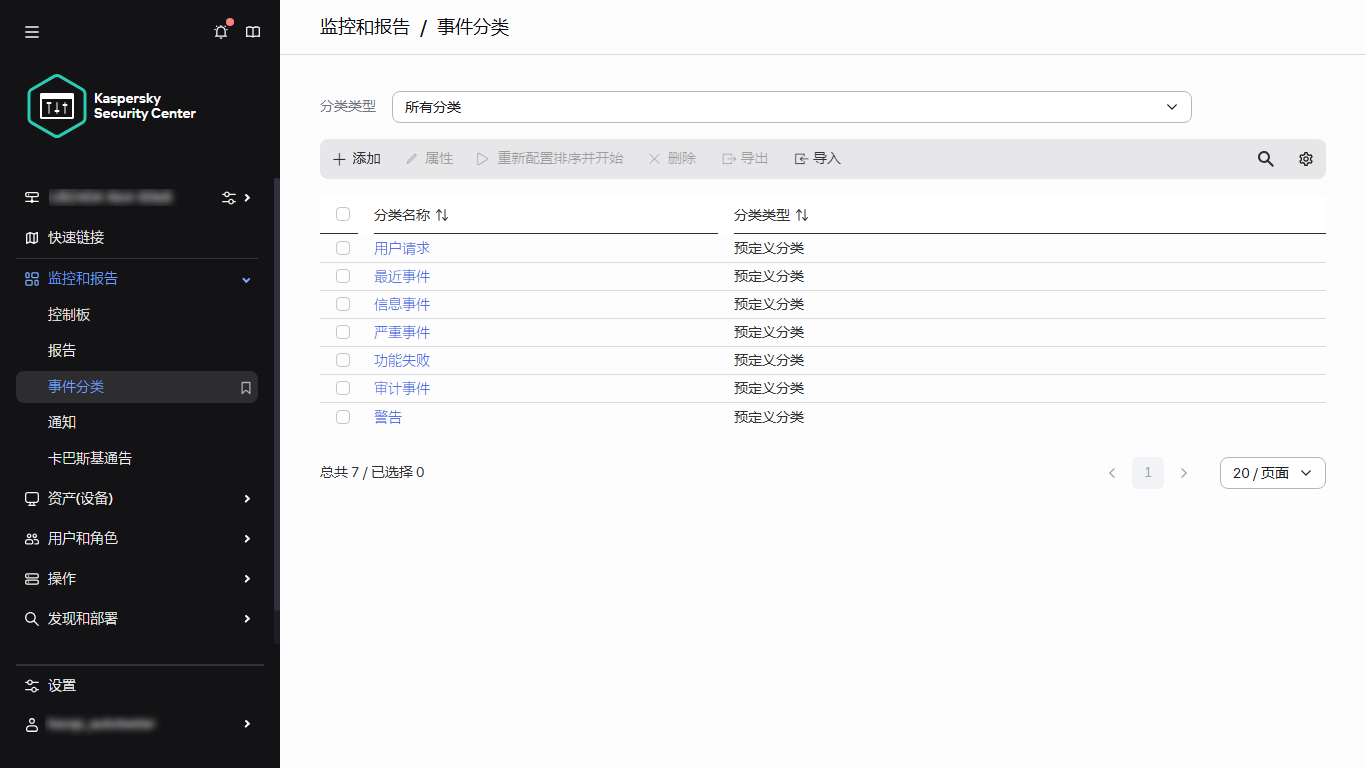 事件分类列表。
