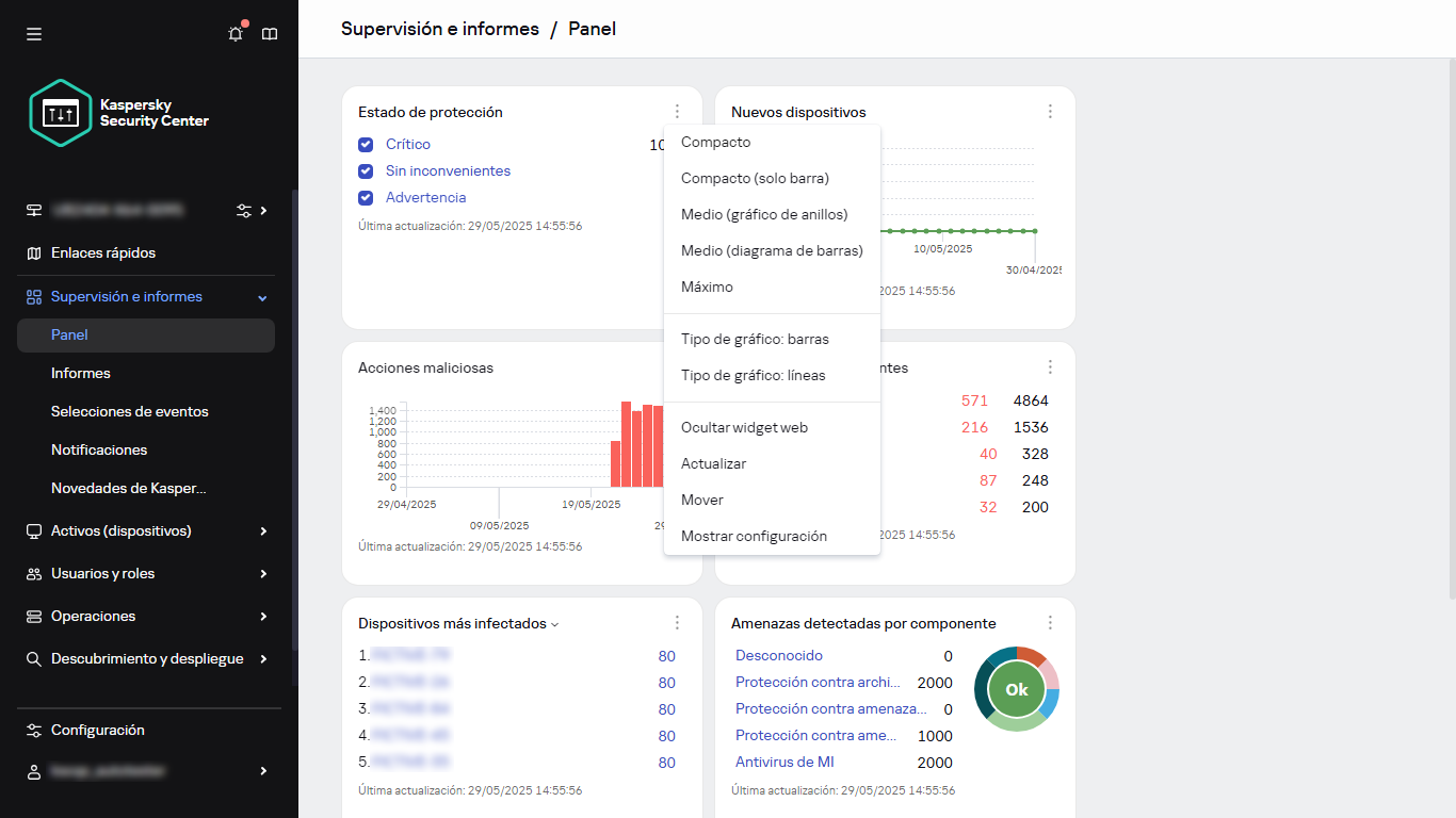Menú contextual del widget.