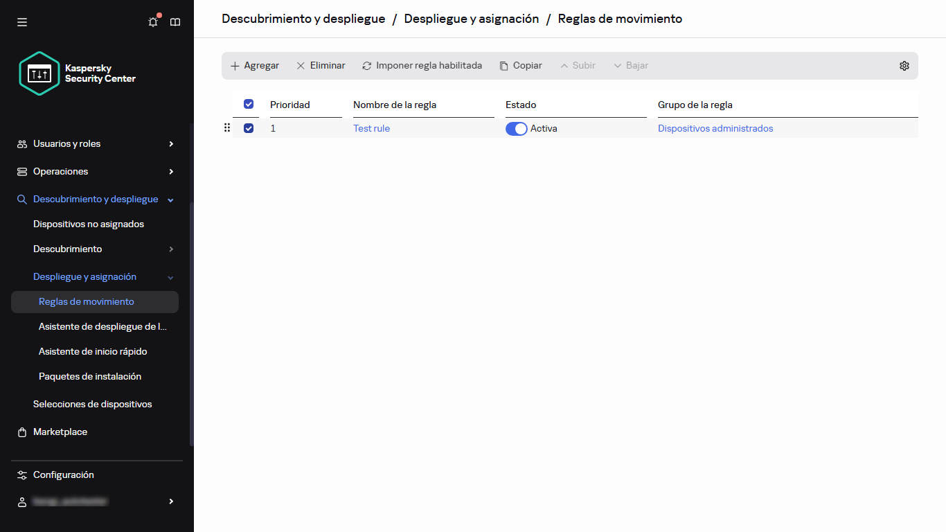 Fila seleccionada en la sección Reglas de movimiento.