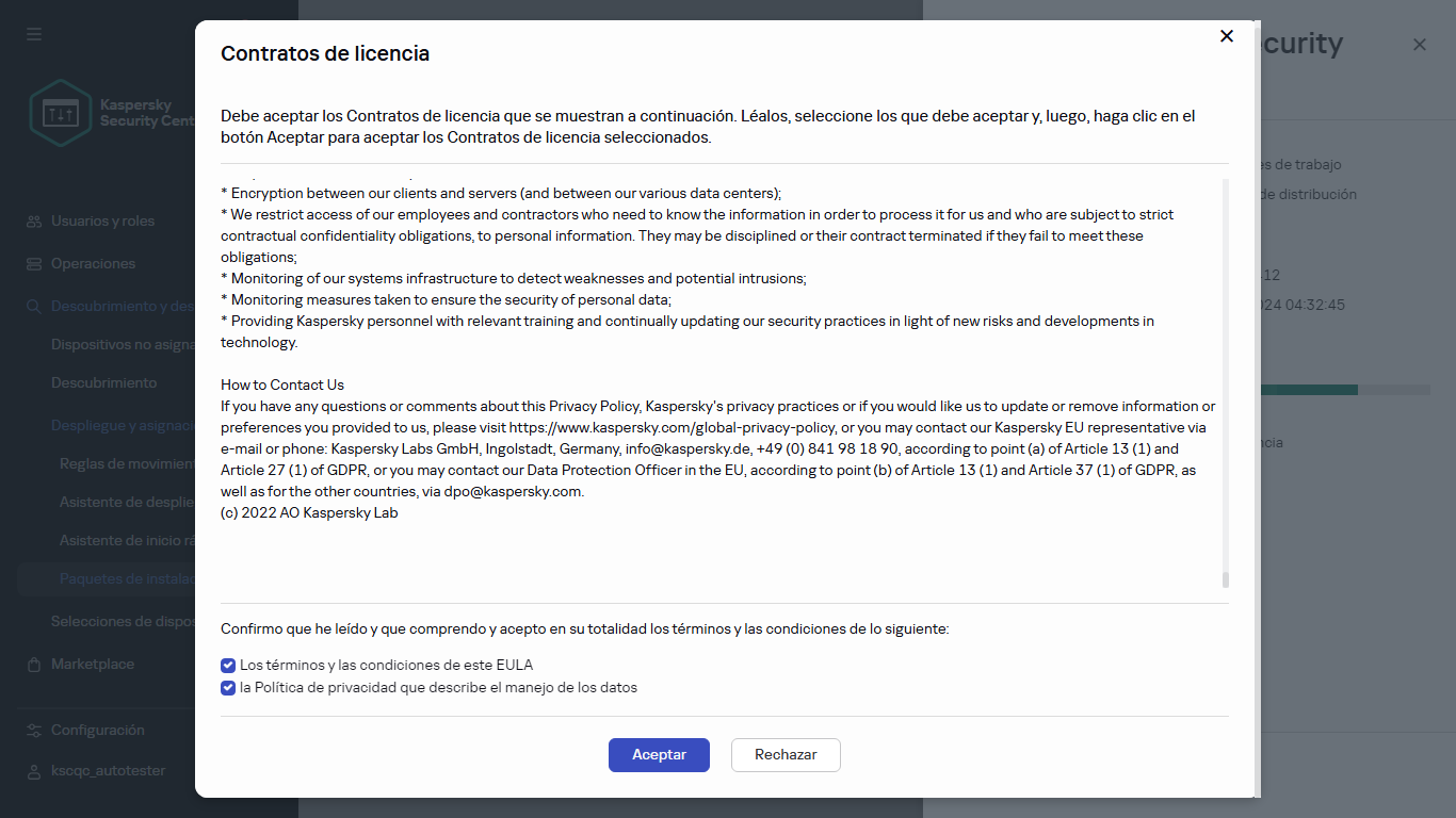 La ventana de aceptación del Contrato de licencia de usuario final.