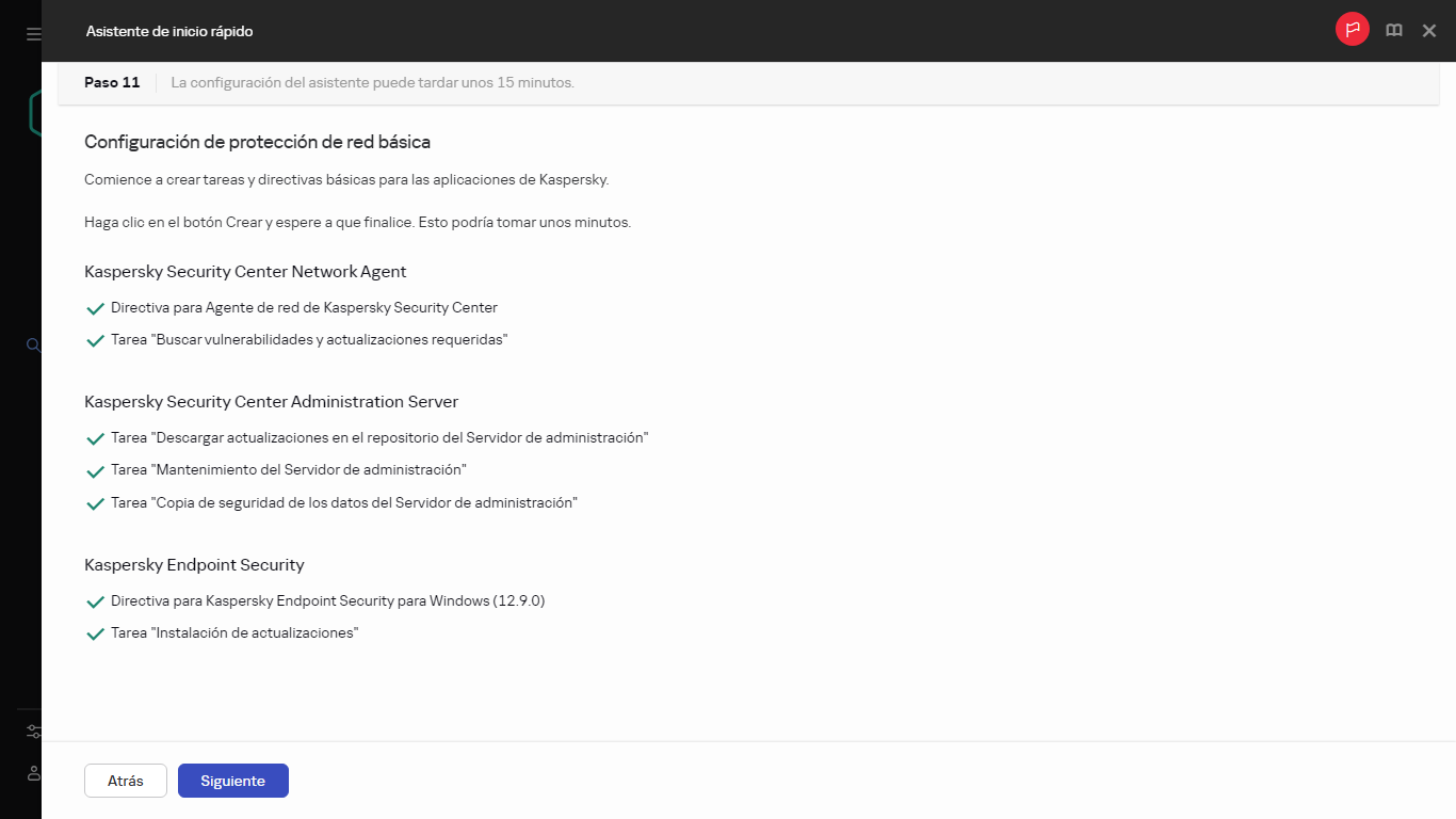 Paso de creación de tareas y directivas del Asistente de inicio rápido.