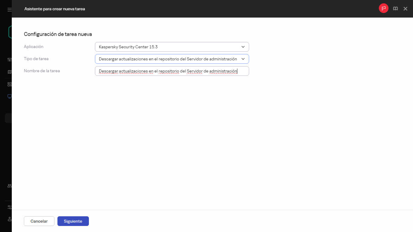 Configuración de la tarea Descargar actualizaciones en los repositorios de los puntos de distribución.