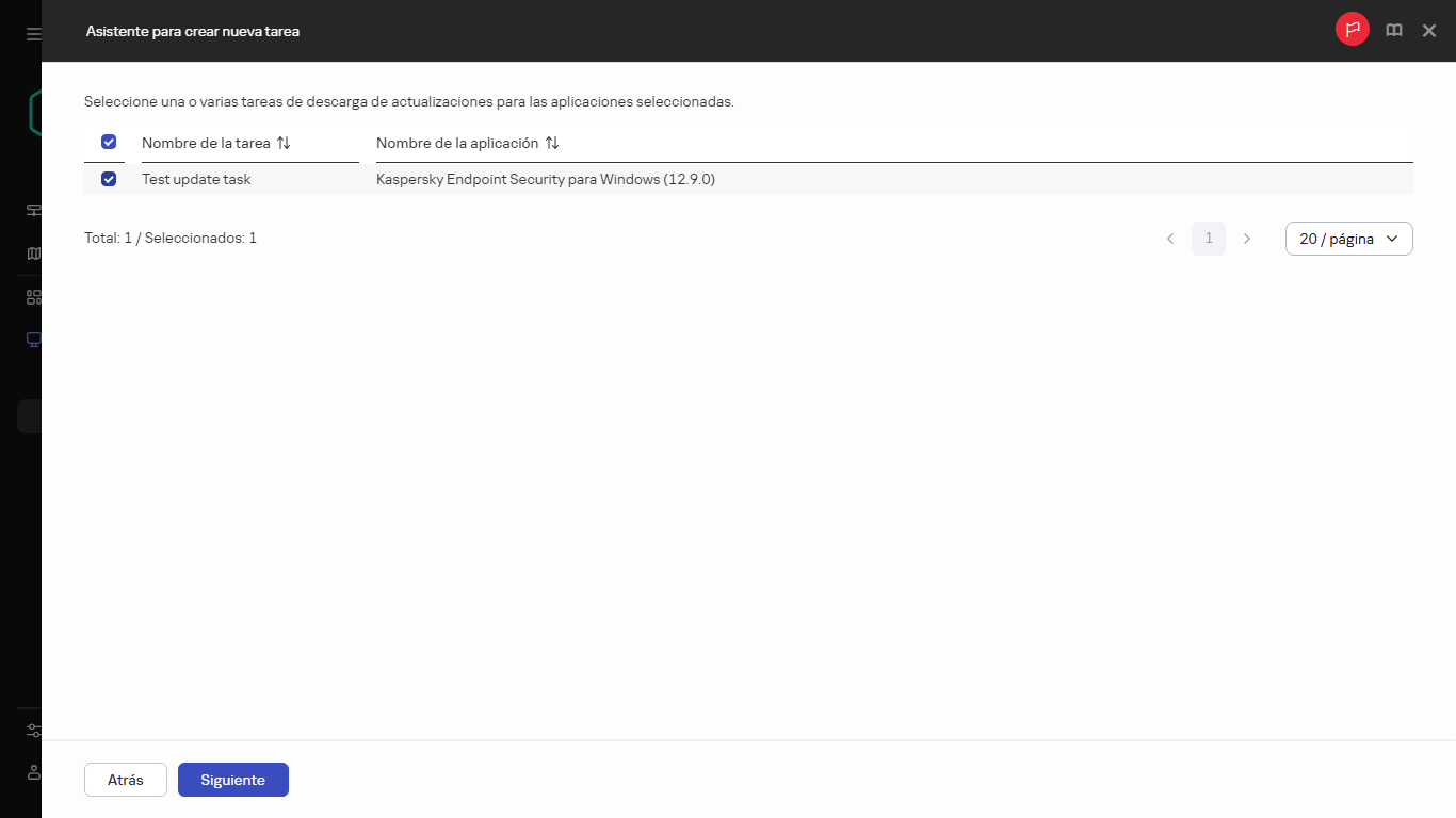 Seleccionar las tareas de actualización de una aplicación requerida.