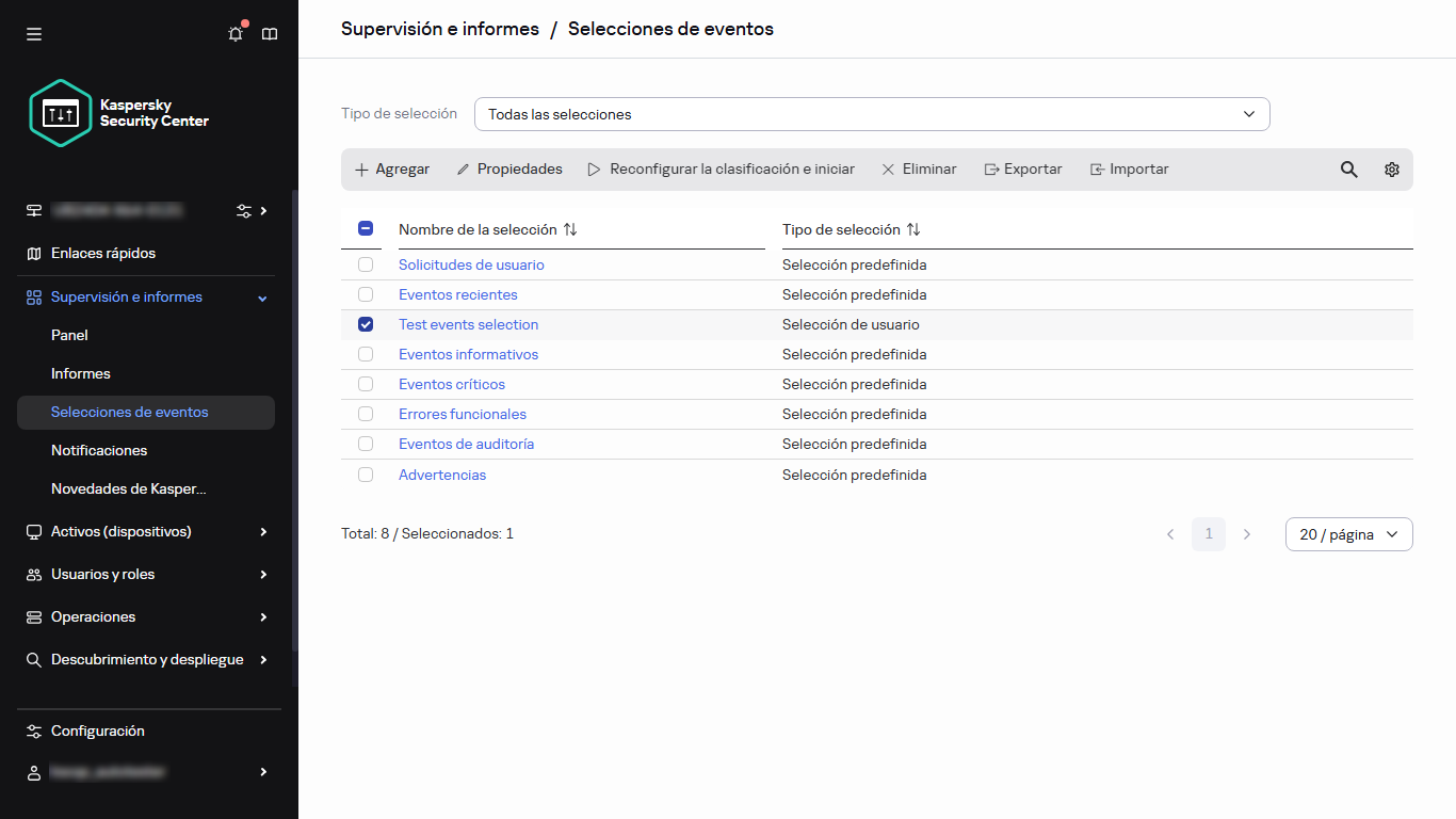 La lista de selección de eventos con el elemento seleccionado.