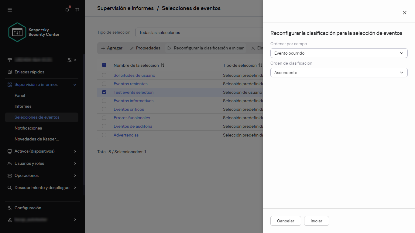 Clasificar la selección de eventos.
