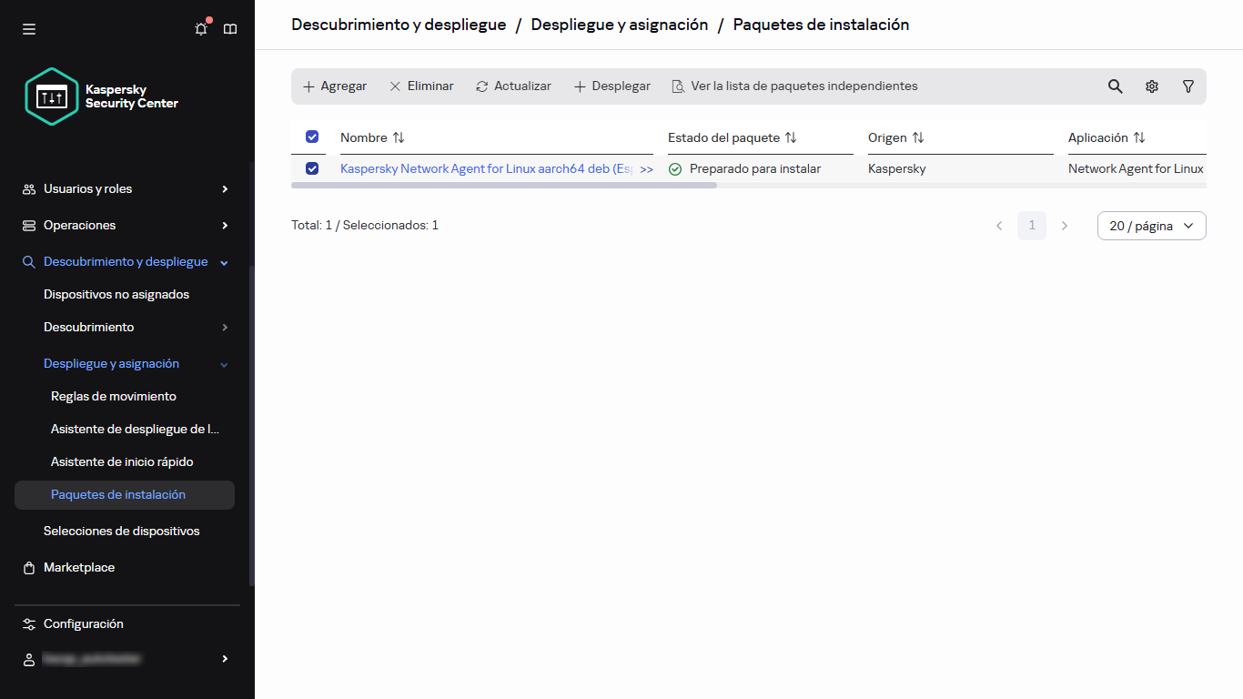 El paquete de instalación seleccionado en la sección Paquetes de instalación.