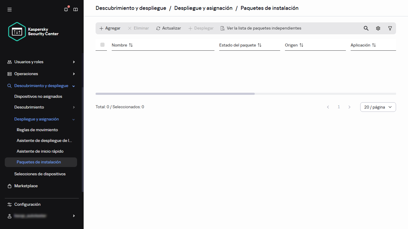 La sección Paquetes de instalación en el menú principal.