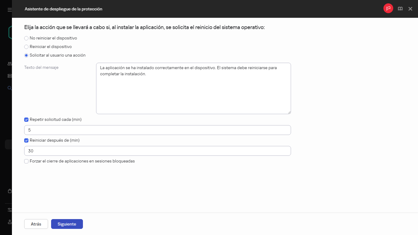 Seleccionar la acción que se realizará si se reinicia el sistema operativo.