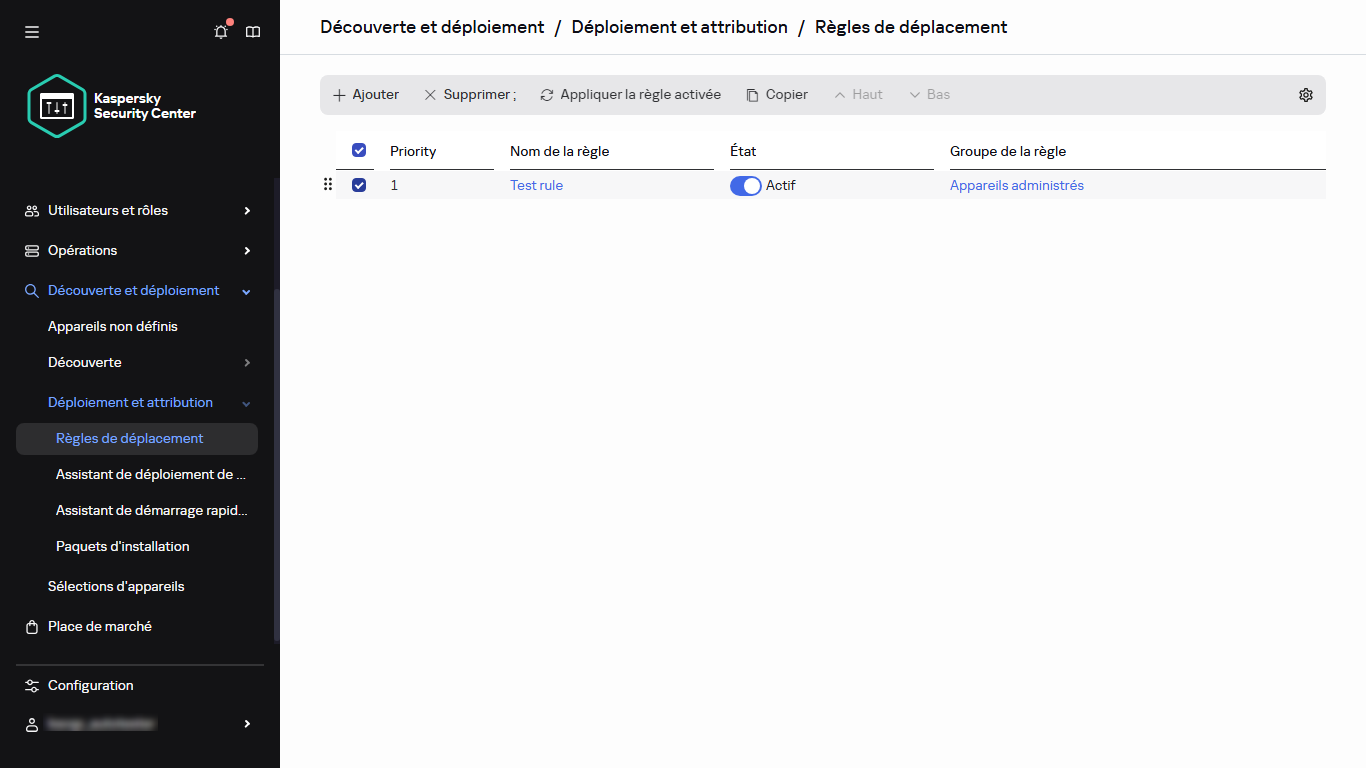 La ligne sélectionnée dans la section Règles de déplacement.