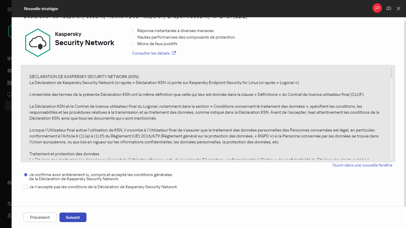 Création d'une stratégie. La fenêtre d'acceptation de la Déclaration de KSN.