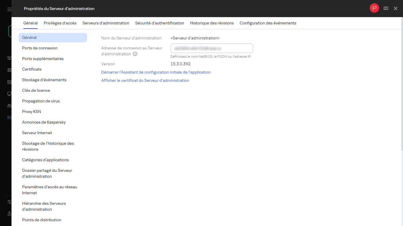 Une capture d'écran de la fenêtre du Serveur d'administration qui affiche un lien pour lancer l'Assistant de configuration initiale de l'application.