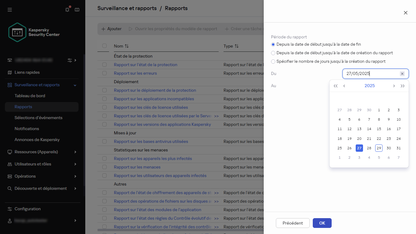 Spécification de la période de rapport d'un nouveau rapport.