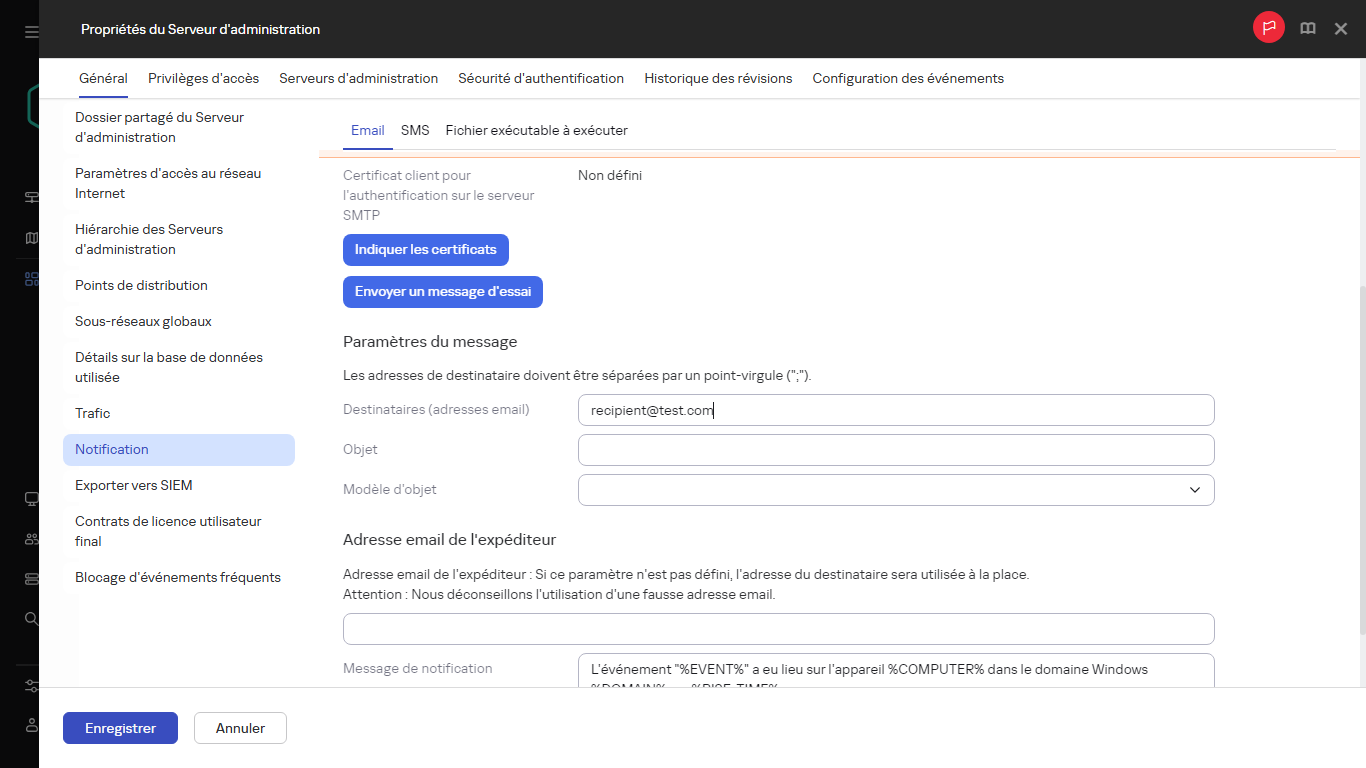 Notification dans l'onglet Général des propriétés du Serveur d'administration.