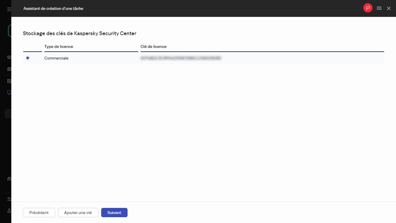 La liste des licences dans la fenêtre de la tâche Ajout d'une clé.
