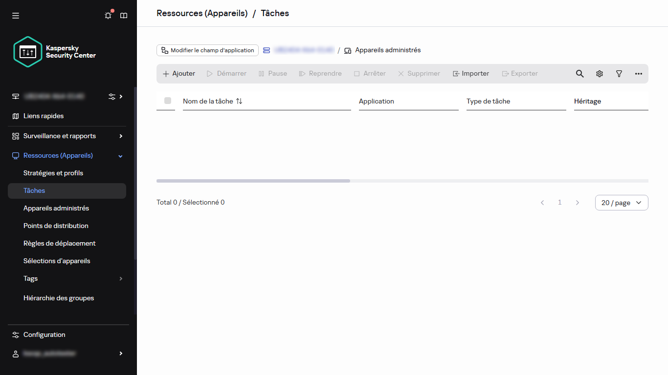 La section Tâches du menu.