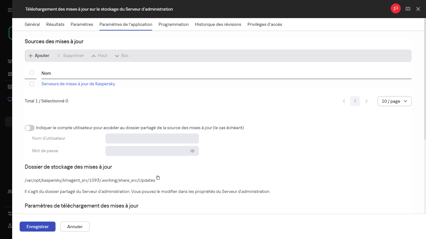 Onglet Paramètres de l'application de la fenêtre de tâche Télécharger les mises à jour sur les stockages des points de distribution.