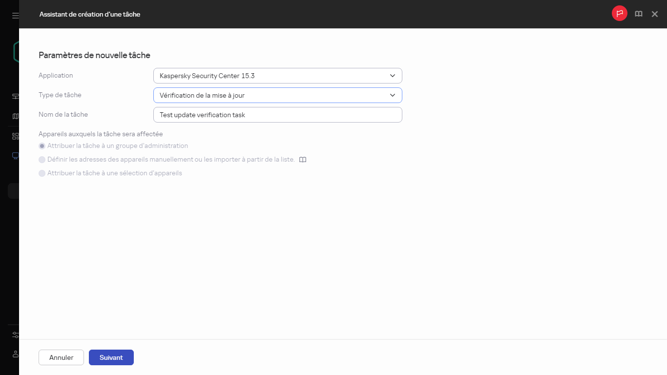 Paramètres de la tâche d'analyse des mises à jour.