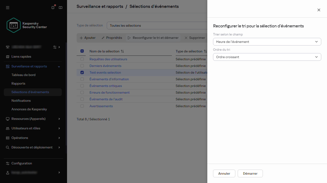 Tri de la sélection d'événements.
