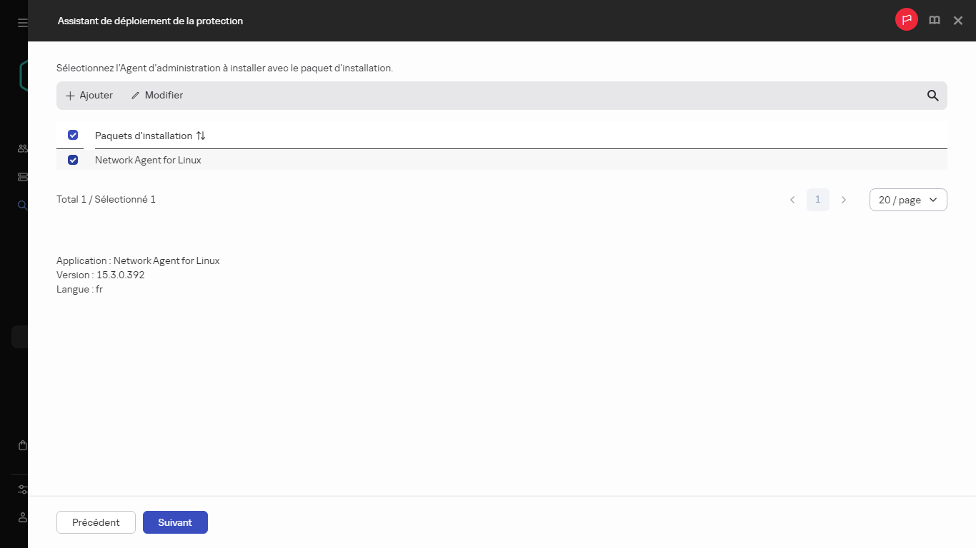 Sélection de l'Agent d'administration qui sera installé avec le paquet d'installation.
