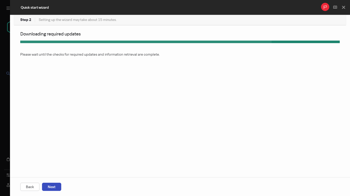 Krok Pobieranie wymaganych aktualizacji w Kreatorze wstępnej konfiguracji.