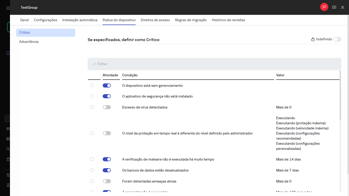 Definir o status Crítico no grupo Status do dispositivo.