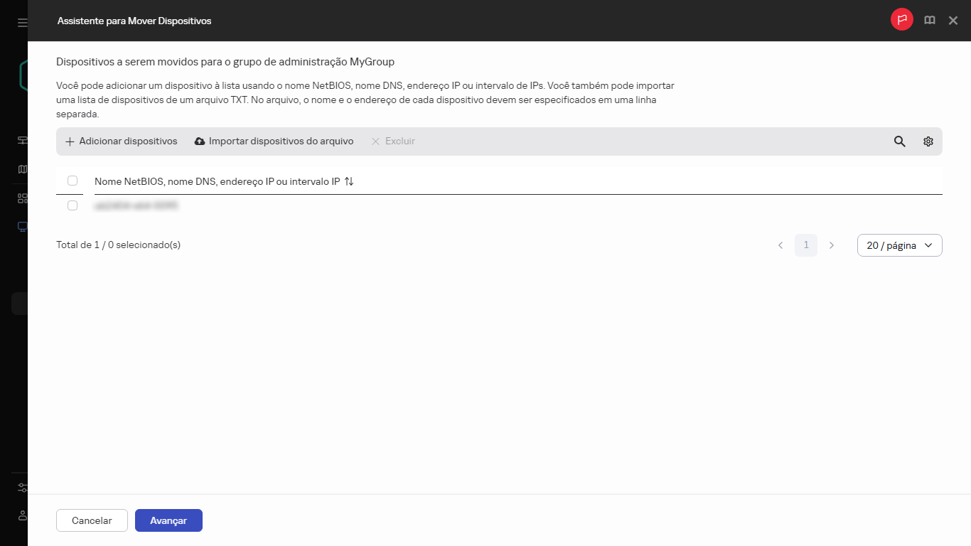 Adição de dispositivos para movê-los para um grupo de administração.