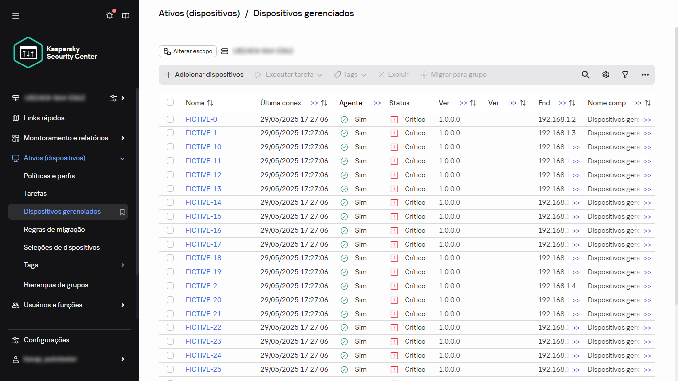 A lista de dispositivos gerenciados.