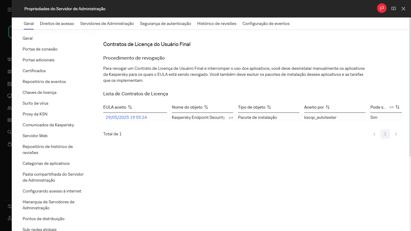 A lista de Contratos de Licença de Usuário Final.