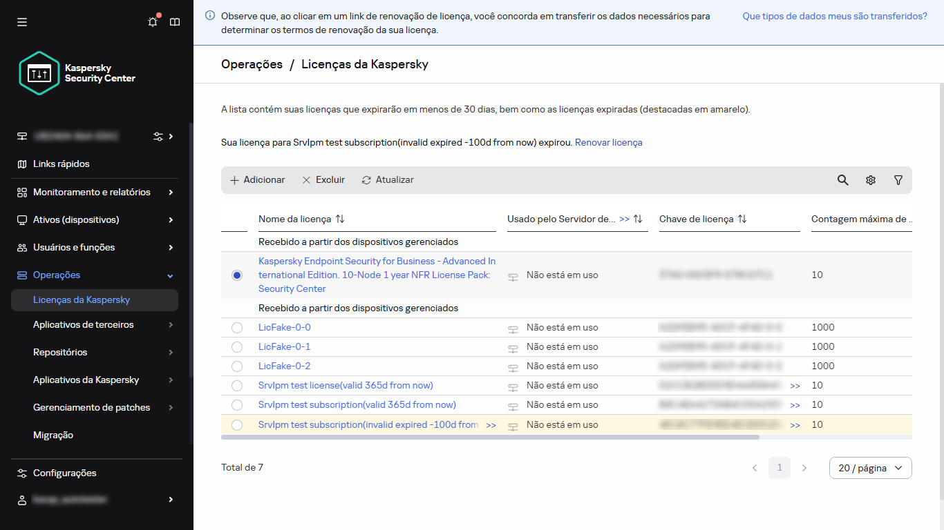 A lista de licenças com a licença selecionada.